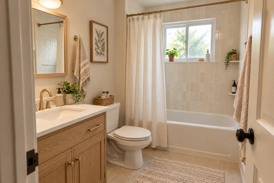 Small family bathroom reimagined with new tile, vanity, flooring, and fixtures; Warm oak example