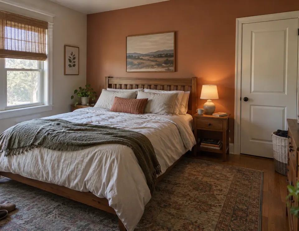 Modest bedroom with wooden bed, books, and naturally rumpled bedding; Warm clay example