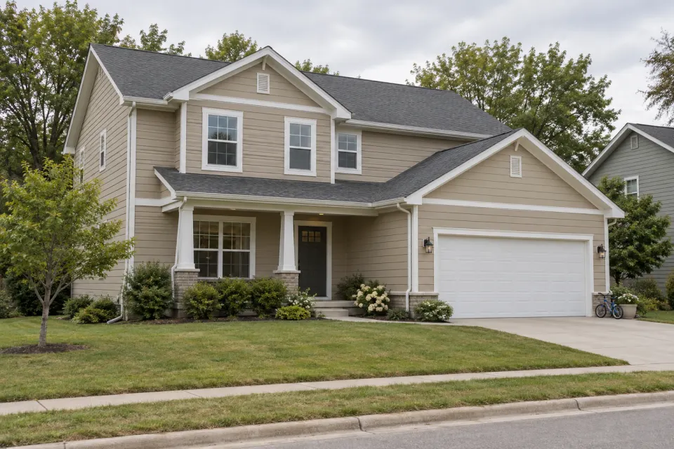 Two-story suburban house with attached garage; Universal Khaki example