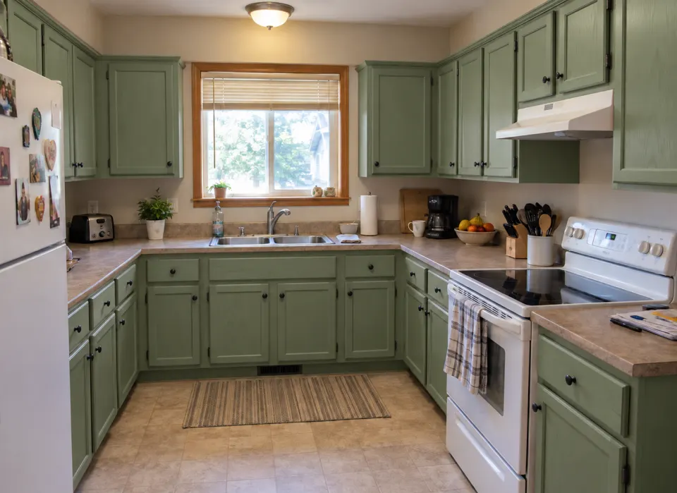 Everyday kitchen with sage painted cabinets and its original counters and appliances